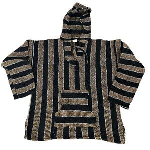 ♥️Mexican BAJA HOODIE BROWN BLACK White PONCHO Sweater Surfer Skater Size Medium